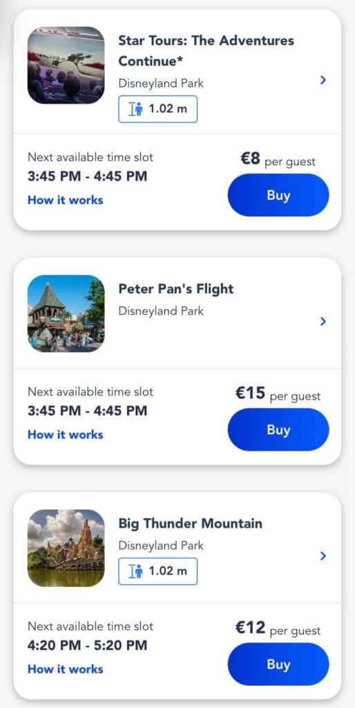 On a mobile device, three Disneyland Paris attractions are showcased with their FastPass prices, available entry times, and "Buy" buttons, inviting visitors to secure quicker access to rides.