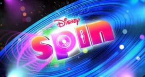The vibrant "Disney Spin" logo shines with neon lights and swirling vinyl record effects, channeling the electric energy of a Disney+ movie premiere—just like the excitement and spectacle you’d find at Disney Parks during a special celebration.