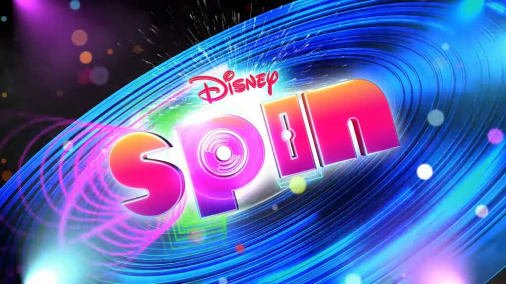 The vibrant "Disney Spin" logo shines with neon lights and swirling vinyl record effects, channeling the electric energy of a Disney+ movie premiere—just like the excitement and spectacle you’d find at Disney Parks during a special celebration.