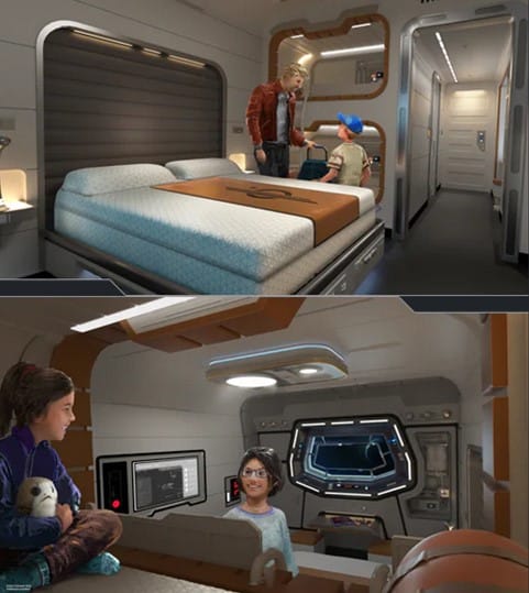 Step inside two guest cabins aboard the Star Wars: Galactic Starcruiser—one where a family with adults and a child experience intergalactic adventure, and another with two young crew members ready for their own mission. Each room is fully themed with immersive sci-fi details, capturing the spirit of classic Star Wars storytelling and highlighting a variety of unique cabin options for your stay in this one-of-a-kind Disney experience.