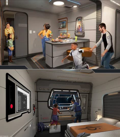 Two images: families enjoying interactive experiences inside Star Wars: Galactic Starcruiser-inspired rooms, surrounded by immersive space-themed décor and advanced tech features. The unique cabin designs and subtle Star Wars details capture the exclusive atmosphere of this Disney resort adventure.
