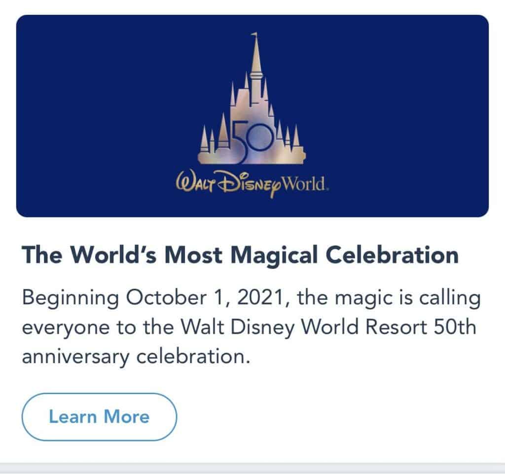 Walt Disney World 50th anniversary celebration logo surrounded by event highlights, featuring a Countdown Calendar accessible in the My Disney Experience App, and a "Learn More" button inviting fans to explore the festivities.