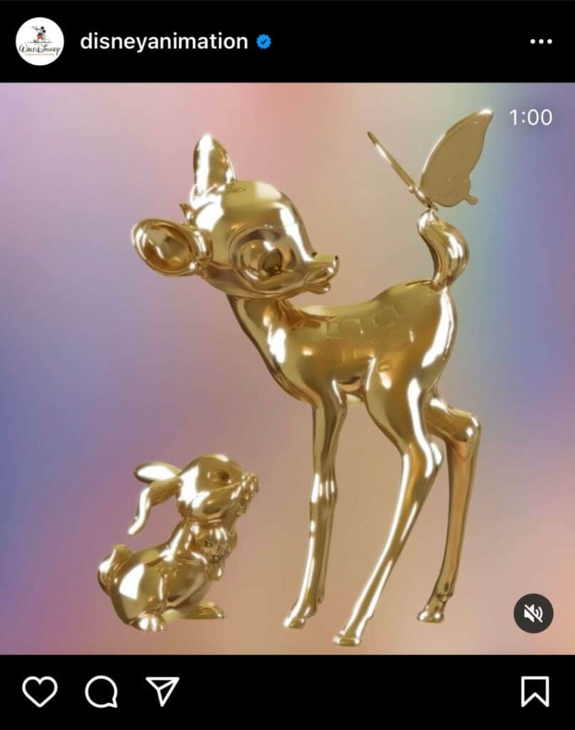 The golden sculptures of Bambi, Thumper, and a butterfly from the Disney Fab 50 Character Collection gleam against a pastel backdrop—evoking the dazzling Gold Statues guests discover at Disney's Hollywood Studios.