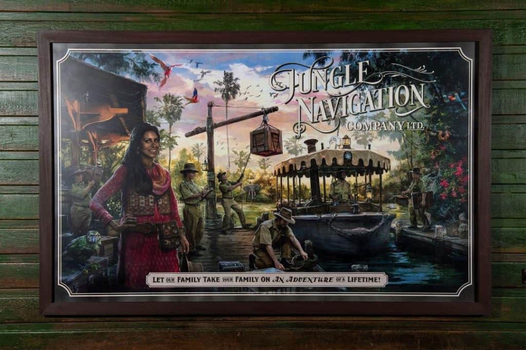 Mural of the Jungle Navigation Co. at Disney’s Adventureland, featuring explorers embarking on a thrilling boat journey through dense, exotic jungle, capturing the adventurous spirit of Alberta Falls and the iconic Jungle Cruise attraction.
