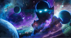 A luminous superhero with radiant eyes stands amidst vibrant planets and stars, capturing the thrilling, larger-than-life cosmic adventure fans love from Marvel attractions.