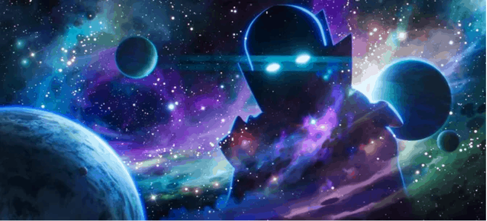 A luminous superhero with radiant eyes stands amidst vibrant planets and stars, capturing the thrilling, larger-than-life cosmic adventure fans love from Marvel attractions.