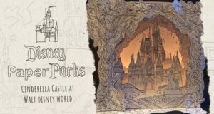 Cinderella Castle at Walt Disney World comes to life in this detailed paper art shadow box, framed by lush trees and illuminated with a magical glow—an enchanting tribute to the park’s iconic centerpiece, perfect for adding Disney magic to any fan’s collection.