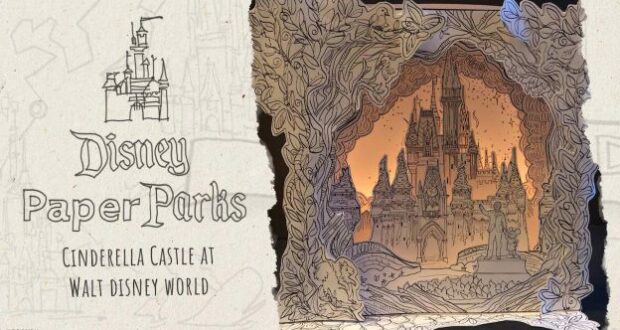 Cinderella Castle at Walt Disney World comes to life in this detailed paper art shadow box, framed by lush trees and illuminated with a magical glow—an enchanting tribute to the park’s iconic centerpiece, perfect for adding Disney magic to any fan’s collection.