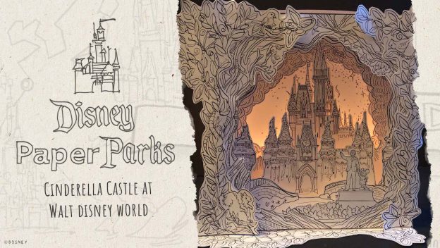 Cinderella Castle at Walt Disney World comes to life in this detailed paper art shadow box, framed by lush trees and illuminated with a magical glow—an enchanting tribute to the park’s iconic centerpiece, perfect for adding Disney magic to any fan’s collection.