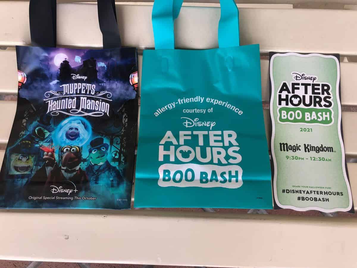 Colorful Disney event bags and a Boo Bash sign pop against a white bench, setting the perfect festive scene for Disney After Hours fans.