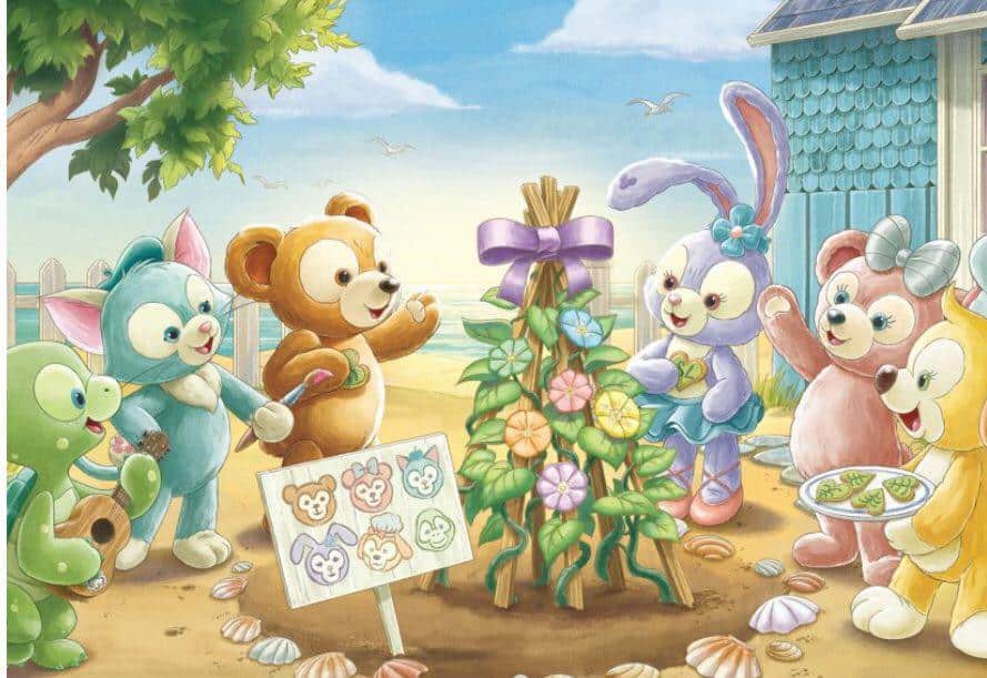 Duffy, LinaBell, and four of their adorable friends excitedly gather by a festively decorated plant along the sparkling seaside at Shanghai Disney Resort, celebrating the arrival of Duffy's newest friend under a bright, sunny sky.
