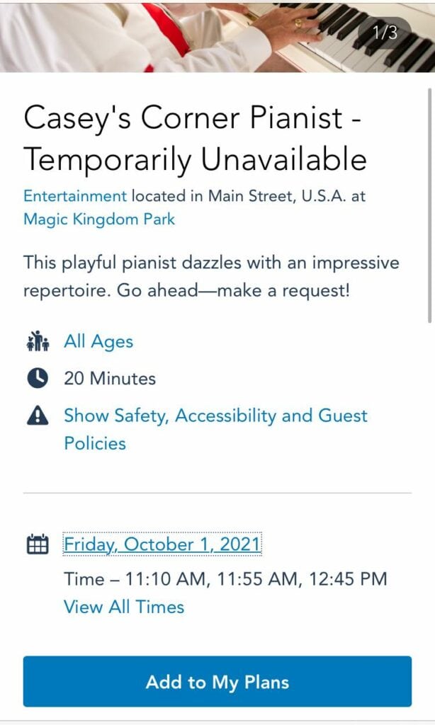 The beloved Casey's Corner Pianist, dressed in a signature red vest, brings lively tunes to Main Street, U.S.A. at Magic Kingdom; however, a posted notice indicates that the piano show is currently on hiatus.
