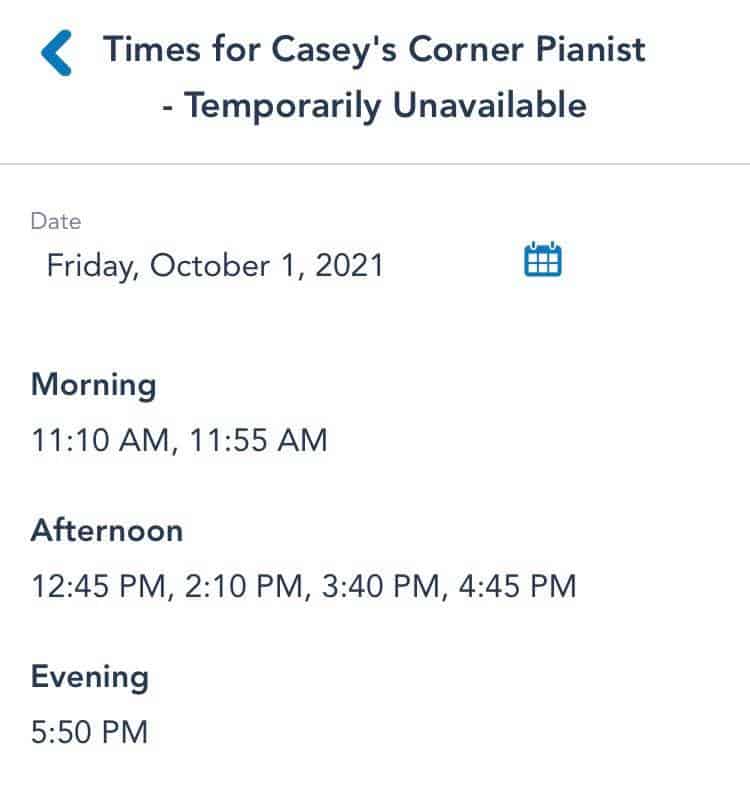 Performance schedule for Casey's Corner Pianist at Magic Kingdom on October 1st, featuring showtimes throughout the morning, afternoon, and evening for park guests.