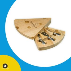 A whimsical, cheese-shaped wooden board opens up to reveal three shiny cheese knives inside—perfect for adding some Pixar-inspired fun to your next movie night or themed party.