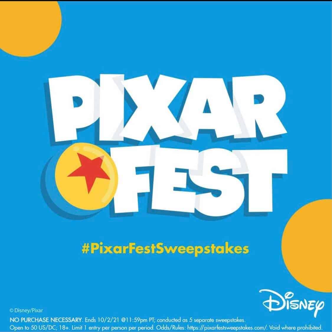 PIXAR FEST logo featuring the iconic Pixar ball, #PixarFestSweepstakes hashtag, and Disney logo displayed on a vibrant blue background, inviting Disney Parks guests and fans to enter for a chance to win a Pixar Prize Pack or other magical prizes.