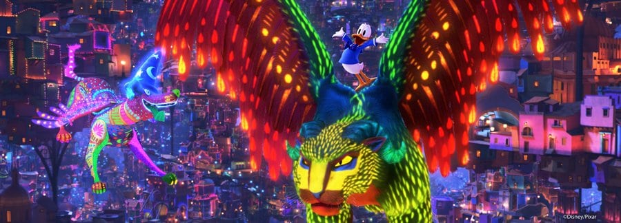 A luminous winged jaguar and a neon dog soar above a dazzling nighttime cityscape in a breathtaking Coco-inspired spectacle; riding atop the majestic jaguar, Donald Duck stands proudly, capturing the playful enchantment of Mickey's PhilharMagic as seen at Disney theme parks.