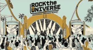 Crowd of excited fans rocking out at the Rock the Universe concert at Universal Orlando Resort, vibrant stage lights shining on the event’s name as new details are revealed, capturing the thrilling atmosphere of this premier theme park music festival.