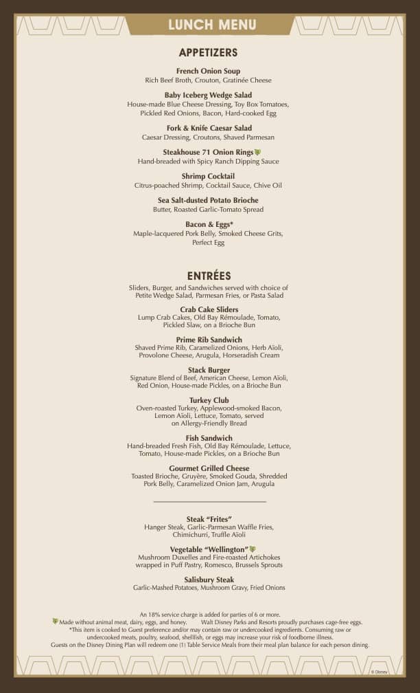 Steakhouse 71 menu displayed on a beige background features starters, main courses, and signature steaks with detailed descriptions and allergy info. Ideal for Walt Disney World guests planning a magical dining experience—advance reservations encouraged.