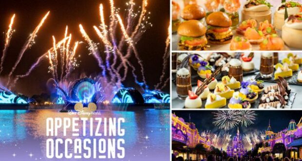 Experience Harmonious fireworks lighting up the night sky at EPCOT, paired with delicious Disney-inspired desserts, sliders, and treats. "Appetizing Occasions" is displayed in bold text. Celebrate unforgettable Disney evenings with enticing bites and spectacular fireworks as part of your magical park adventure.