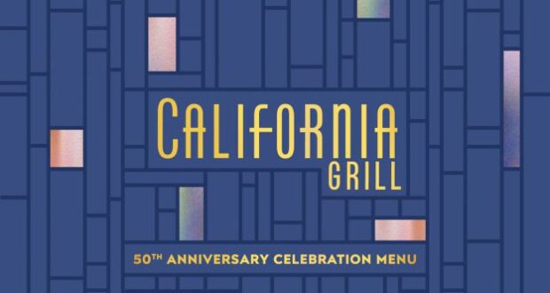 Celebrate Disney magic with the California Grill’s 50th Anniversary Celebration Menu design, showcasing bold geometric patterns in blue and pastel hues that honor this historic milestone at Walt Disney World.
