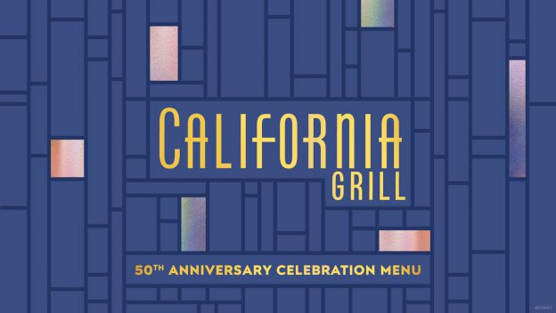 Celebrate Disney magic with the California Grill’s 50th Anniversary Celebration Menu design, showcasing bold geometric patterns in blue and pastel hues that honor this historic milestone at Walt Disney World.