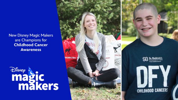 Two cheerful teens, one sporting a “DFY Childhood Cancers” shirt, relax outside in a vibrant section of the park, surrounded by bright bags and lush trees, spreading joy and encouragement as they champion the fight against Childhood Cancer at this lively entertainment venue.