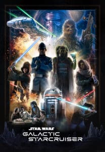 Star Wars: Galactic Starcruiser promotional poster showcases beloved Star Wars characters, droids, lightsabers, and the Halcyon starcruiser soaring through space, celebrating the immersive resort’s grand opening on March 1st, 2022.