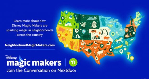 A vibrant illustrated map of the United States spotlighting Disney Magic Makers highlights and a Nextdoor invite, designed to boost excitement for National Neighbor Day among Disney fans and neighborhood communities.