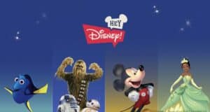 Dory, the Star Wars droids, Chewbacca, Mickey Mouse, and Princess Tiana gather against a vibrant blue backdrop featuring iconic Disney designs, showcasing the excitement of Disney parks where beloved characters and cutting-edge technology come together for an unforgettable experience.
