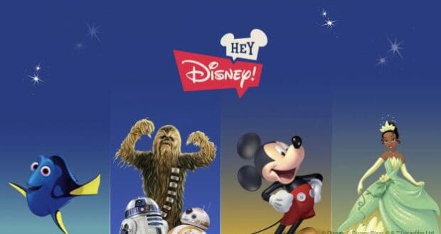 Dory, the Star Wars droids, Chewbacca, Mickey Mouse, and Princess Tiana gather against a vibrant blue backdrop featuring iconic Disney designs, showcasing the excitement of Disney parks where beloved characters and cutting-edge technology come together for an unforgettable experience.