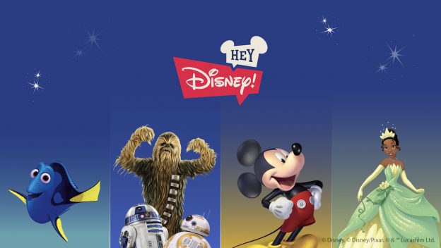 Dory, the Star Wars droids, Chewbacca, Mickey Mouse, and Princess Tiana gather against a vibrant blue backdrop featuring iconic Disney designs, showcasing the excitement of Disney parks where beloved characters and cutting-edge technology come together for an unforgettable experience.