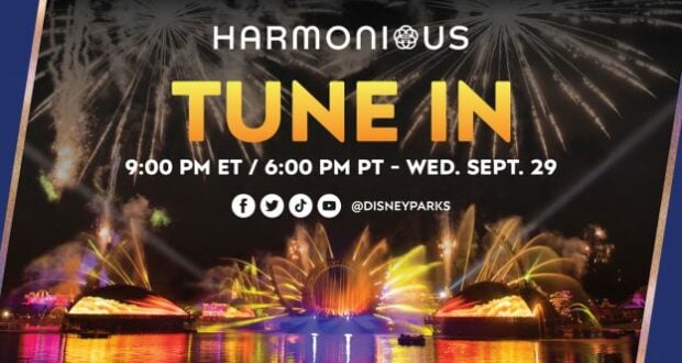 Dazzling fireworks and towering fountains illuminate EPCOT’s World Showcase Lagoon during Harmonious Live, with event information and social media icons displayed for Disney fans.