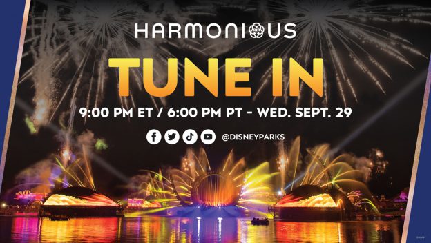 Dazzling fireworks and towering fountains illuminate EPCOT’s World Showcase Lagoon during Harmonious Live, with event information and social media icons displayed for Disney fans.