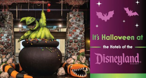 Oogie Boogie pops out of a cauldron overflowing with candy, surrounded by vibrant Halloween decorations and a festive sign promoting sweet treats and special offers during the Disneyland Resort Halloween event.