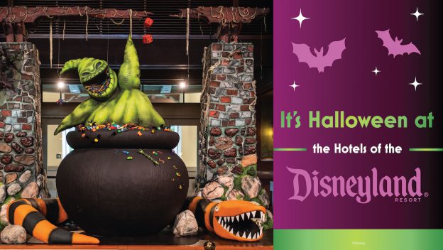 Oogie Boogie pops out of a cauldron overflowing with candy, surrounded by vibrant Halloween decorations and a festive sign promoting sweet treats and special offers during the Disneyland Resort Halloween event.