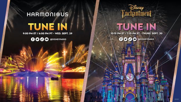 Split image featuring the spectacular Harmonious nighttime show with dazzling water effects and lights, alongside Disney Enchantment fireworks lighting up Cinderella Castle for the Walt Disney World 50th Anniversary celebration; event dates included.