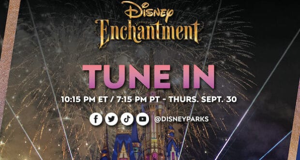 Disney Enchantment fireworks illuminate Cinderella Castle as vibrant bursts light up the night sky. “Tune In” and September 30 event details invite fans to experience all the Disney magic live—don’t miss tonight’s spectacular streaming celebration.