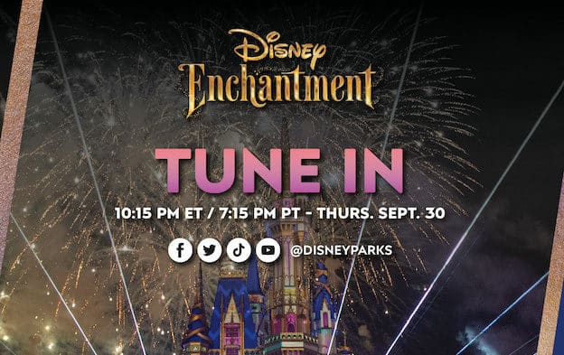 Disney Enchantment fireworks illuminate Cinderella Castle as vibrant bursts light up the night sky. “Tune In” and September 30 event details invite fans to experience all the Disney magic live—don’t miss tonight’s spectacular streaming celebration.