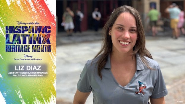 Liz Diaz, Assistant Construction Manager, beams outside in a gray shirt, with a festive Hispanic Latinx Heritage Month banner adding vibrant color beside her.