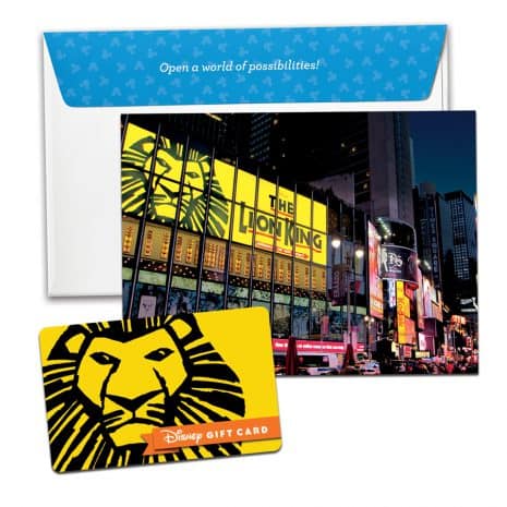 The Lion King gift card and coordinating envelope, inspired by the classic Disney musical, set against the vibrant lights of the Broadway Lion King marquee in Times Square—perfect for fans planning their next magical adventure at Disney theme parks or shows.