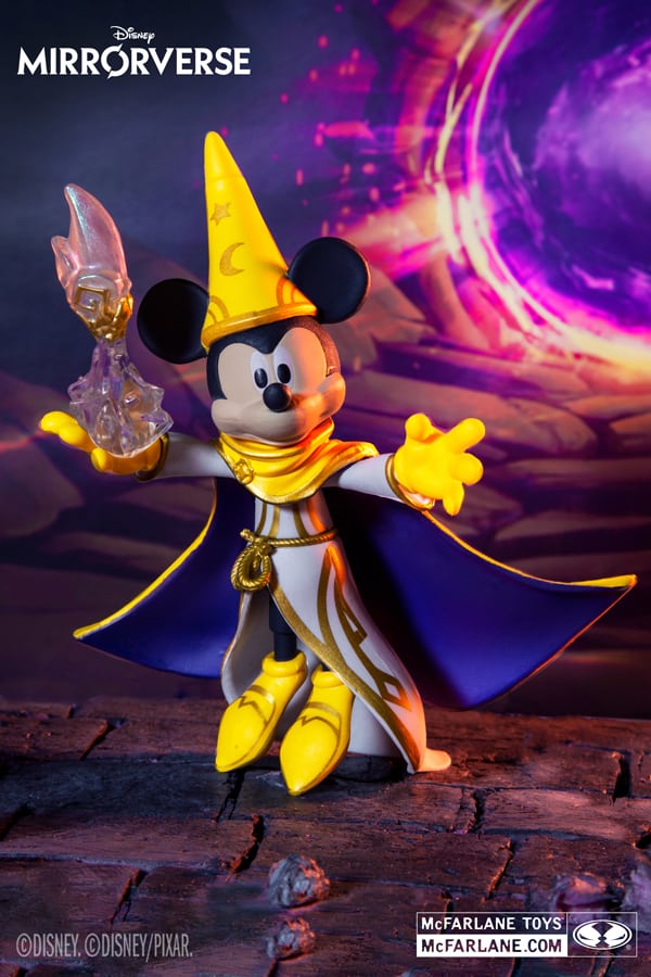 Mickey Mouse appears as the Sorcerer's Apprentice, standing on a stone floor with a glowing portal behind him, creating an enchanting scene reminiscent of iconic magical moments from Disney parks that will delight fans and theme park visitors alike.
