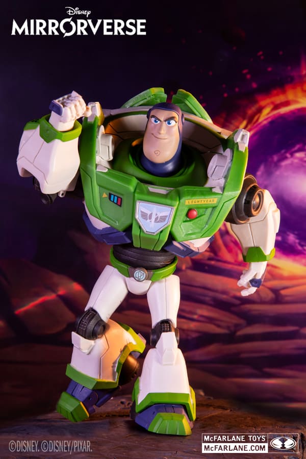 Buzz Lightyear in his iconic green armor strikes a heroic pose set against a glowing cosmic backdrop, capturing the adventure and excitement beloved by guests at Disney Parks and fans of Toy Story attractions.
