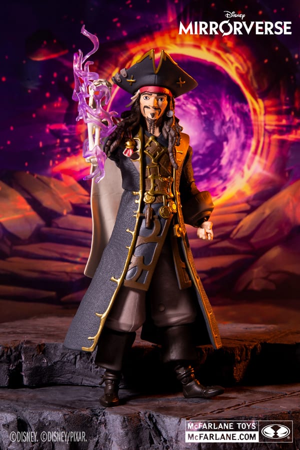 Captain Jack Sparrow from Pirates of the Caribbean, styled as an action figure in his iconic pirate coat, channels magical energy before a swirling purple portal—an exciting collectible for Disney Parks fans and lovers of all things Disney magic.