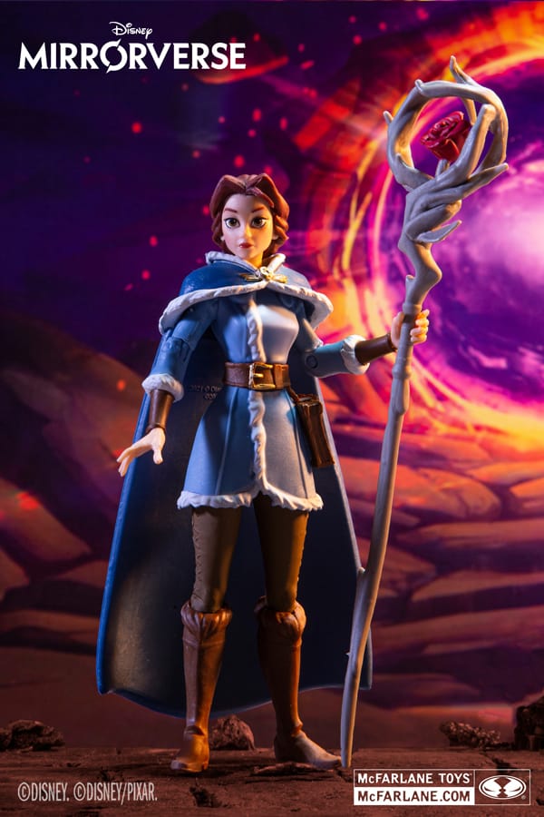 Belle stands in her signature blue winter cloak, holding a rose-topped staff before a swirling magical portal—an eye-catching collectible that brings the magic of Disney Parks straight to your display, making it an essential piece for dedicated fans of Disney’s enchanting worlds.