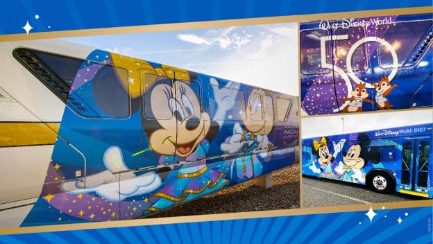Disney World’s 50th Anniversary celebration monorail and bus feature colorful Mickey, Minnie, Chip, and Dale artwork, adding extra pixie dust to every guest’s magical journey around the resort.