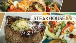 Collage featuring a sizzling steak, savory stuffed pastry, and fresh salad with the "STEAKHOUSE 71" logo, inviting Walt Disney World guests to make reservations now that this new dining spot is open.