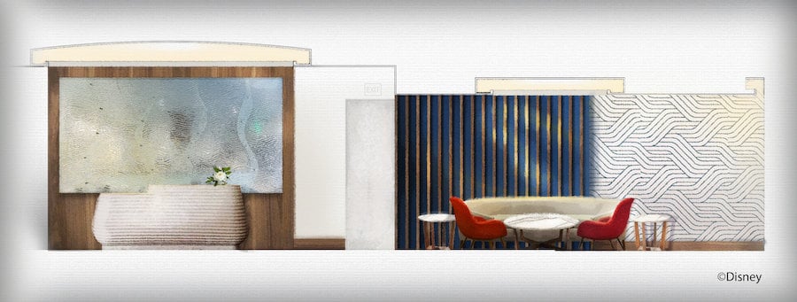 Sleek, Disney-inspired waiting area at Steakhouse 71, featuring vibrant abstract wall art, a stylish curved sofa, bold red chairs, and a textured glass reception desk designed to welcome guests before their Magic Kingdom dining experience.