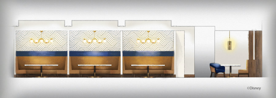 Step into the vibrant dining space of Steakhouse 71 at Walt Disney World, featuring three cozy booth seats, eye-catching wavy walls, and playful contemporary lighting—creating a welcoming atmosphere for families and fans exploring Magic Kingdom. The perfect spot to relax and refuel after park adventures or to book a memorable meal during your vacation.
