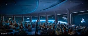 Guests enjoy an out-of-this-world dining experience at EPCOT’s Space 220 Restaurant, seated beside giant windows revealing breathtaking views of Earth and distant galaxies, while exploring a creative menu inspired by cosmic flavors.