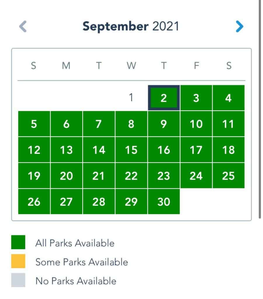 September 2021 calendar for Disney World, showing that on September 2nd only select parks are available, while every other day offers full park availability. Remember, park access may influence your ride wait times and overall experience during your Disney World trip.